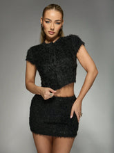 MISSGUIDED Round Neck Short Sleeve Cropped Fluffy Knit Top Co-Ord Skirt Set